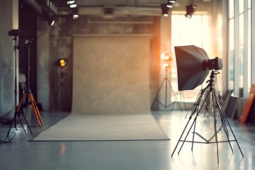 Canvas Print - Empty Photography Studio with Professional Lighting Equipment and White Backdrop