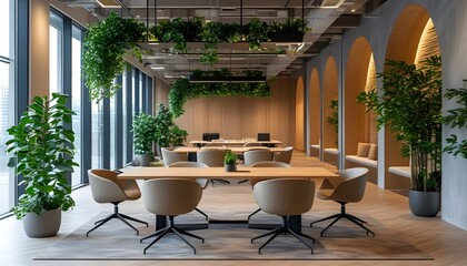 Wall Mural - Contemporary office space featuring an empty lounge area and meeting furniture, with a bokeh effect and potted plants enhancing a modern work environment