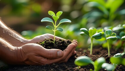 Wall Mural - Futuristic Seedling Nurturing: Hands in Soil, Promoting Ecology and Sustainability in Natures Garden