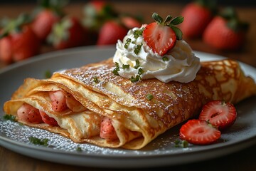 Wall Mural - Delicious crepes filled with strawberries and topped with whipped cream.