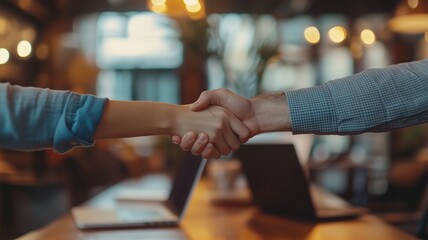 A handshake between two colleagues in a cozy coffee shop, with laptops open on the table, a casual and friendly atmosphere