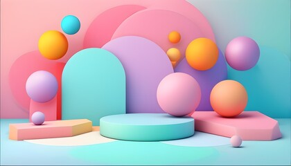 Wall Mural - Vibrant Abstract Background Featuring Colorful Geometric Shapes and Pastel Spheres for Creative Displays and Digital Art