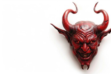 A red devil mask hanging on a wall