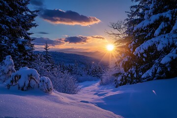 Wall Mural - Snowy mountain sunset with colorful sky and fir trees. Peaceful winter nature landscape