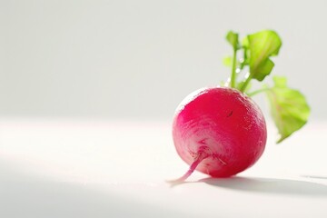 Canvas Print - A vibrant red radish sits on a white surface surrounded by fresh green leaves