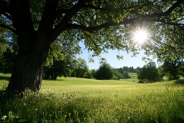 Sunny Meadow with Large Tree and Lush Green Grass