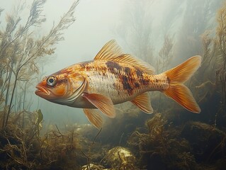 Poster - Golden Carp Swimming Underwater: A Close-Up View