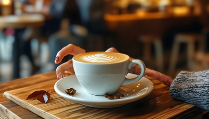 Wall Mural - Cozy cafe scene featuring a woman enjoying latte art, with a coffee cup in hand, perfect for a relaxing weekend break and local experience amidst trendy vibes.