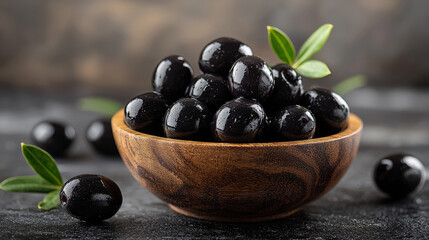 A bowl of black olives with a sprig of olive leaves