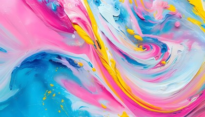 Wall Mural - Vibrant abstract swirls of pink, blue, yellow, and white paint creating a dynamic and colorful background