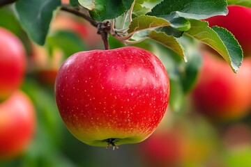 fresh red apple hanging from tree branch with green leaves