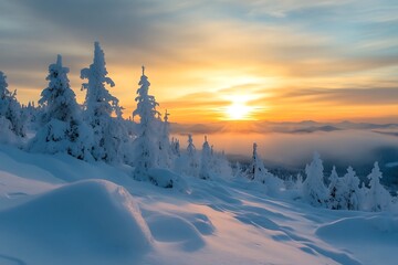 Wall Mural - Snow covered trees and mountain landscape during a vibrant sunrise