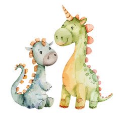 watercolor little cute cartoon dino and horse illustration, Cute cartoon dinosaur design in a childish style with splash color .isolated on a white background Watercolor dinosaur, vector