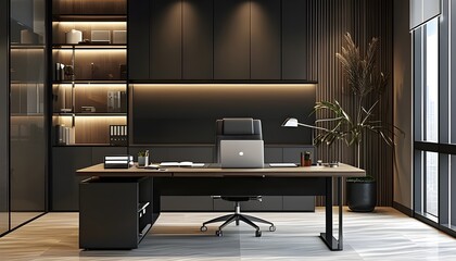 Wall Mural - Elegant modern office interior featuring a desk, laptop, empty table, stylish chair, ambient lighting, and decorative plant for an inspiring workspace environment