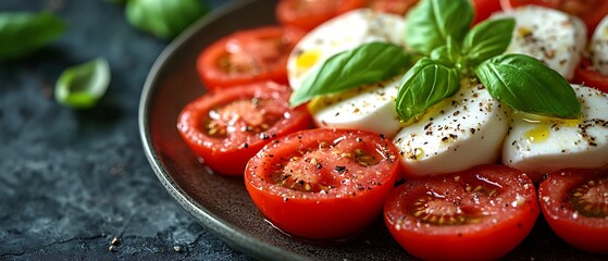 Wall Mural - Fresh tomatoes and mozzarella with basil on a dark plate.