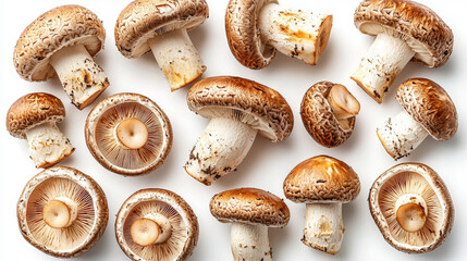 Fresh brown mushrooms on a white background.