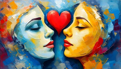 Abstract depiction of two faces merging into a heart, representing love, connection, and unity