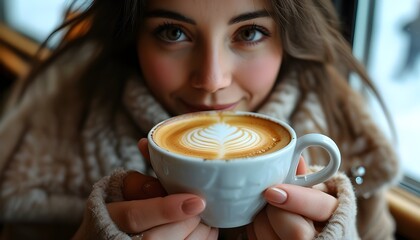 Wall Mural - Artful espresso preparation with hands, focusing on latte artistry and warm coffee moments in a cozy New York City cafe during winter