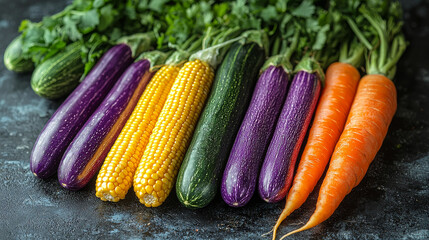 a colorful array of fresh vegetables, including corn, zucchini, eggplant, and carrots.