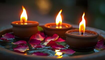 Traditional clay oil lamps with bright flames floating in a water bowl filled with rose petals and leaves.