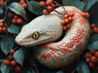 Wall Mural - Close-Up of a Snake with Red Berries and Green Leaves