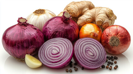 Wall Mural - Red onions, garlic, ginger, and black peppercorns.