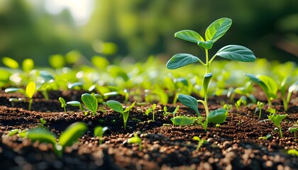 Futuristic agricultural project showcasing sprouts and plant growth in a natural outdoor environment focused on sustainability and reducing carbon footprint