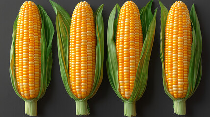 Wall Mural - Four ears of corn, still in their husks, lay in a row on a dark background.