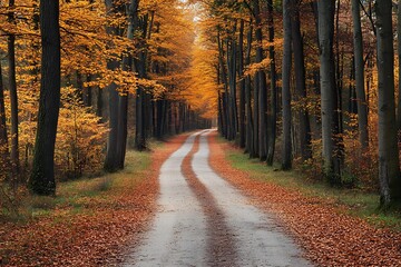 Canvas Print - Winding gravel road through autumn forest with colorful leaves