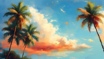 Vibrant summer backdrop featuring a palm tree against a clear sky with ample space for creative text or messages