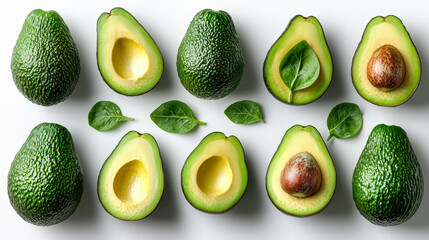 fresh ripe avocados with leaves arranged on a white surface.