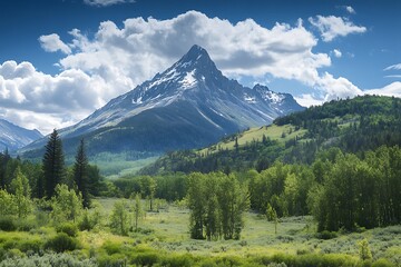 Wall Mural - Scenic Mountain Peak with lush green forest and blue sky with white clouds