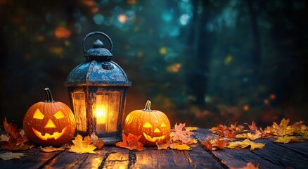 Halloween pumpkin with lantern on wooden