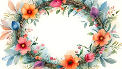 Sticker - Whimsical Floral Wreath Glowing Against Serene Watercolor Backdrop