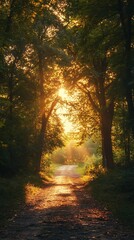 Sticker - Sunbeams through Trees on a Forest Path, Golden Hour Landscape Photography