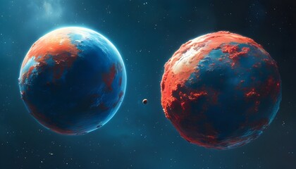 Wall Mural - Interstellar Dance of Blue and Red Planets in Cosmic Space