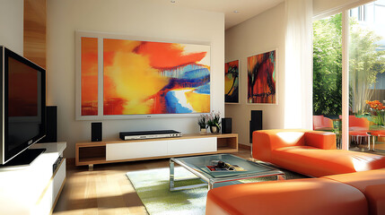 Artistic living room with vibrant abstract wall art contemporary furniture and a stylish TV longue showcasing modern design