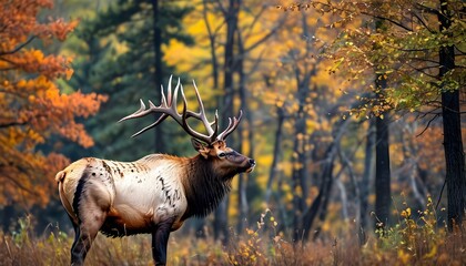 Wall Mural - Elegant Elk Strolling Through Vibrant Autumn Woods