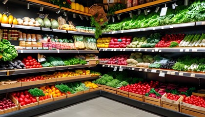 Brightly stocked grocery store aisle with colorful products and organized displays inviting shoppers to explore and discover