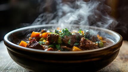 Wall Mural - A steaming hot bowl of beef stew with tender chunks of meat, vegetables, and fresh herbs, smoke rising from the bowl.