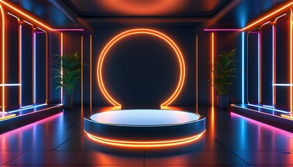 Wall Mural - Futuristic podium for product showcase illuminated by glowing neon lights in an empty stage setting