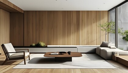 Wall Mural - Sleek Modern Minimalist Living Room Featuring a Warm Wooden Accent Wall