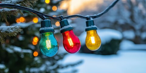 A string of Christmas lights with three different colored bulbs hanging from a tree. The lights are lit up and the scene is set in a snowy environment