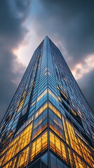 Wall Mural - Modern skyscraper with dramatic sky, low angle, urban architecture, evening