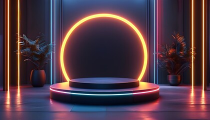 Wall Mural - Futuristic podium for product showcase illuminated by glowing neon lights in an empty stage setting