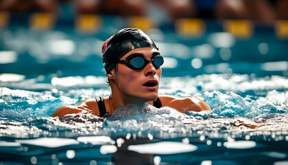 competitive swimmer in action wearing swim cap and goggles, showcasing athleticism in water sports