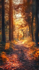 Canvas Print - Sunlight through Autumn Trees Forest Path Landscape