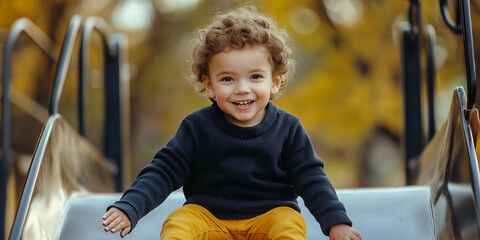 Wall Mural - A young child is sitting on a slide, smiling and looking up at the camera. Concept of joy and innocence, as the child appears to be enjoying a simple, playful moment