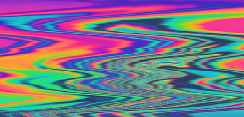 Wall Mural - Digital glitch or a distorted video signal, with sharp angles and jagged lines of iridescent colors, predominantly purple, blue, green, yellow, and orange.