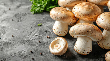 Close-up of fresh mushrooms on a gray background.